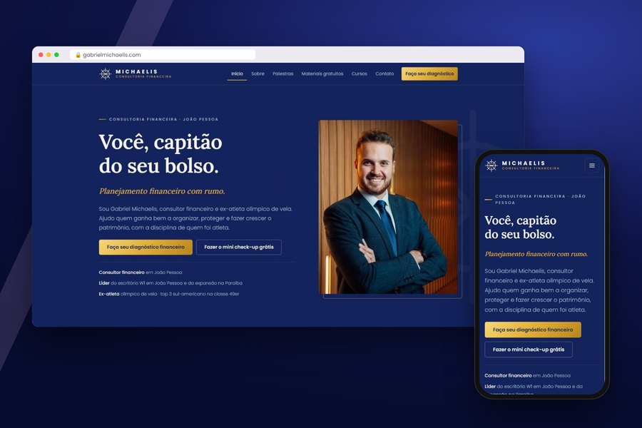 Site do consultor financeiro Gabriel Michaelis no computador e no celular