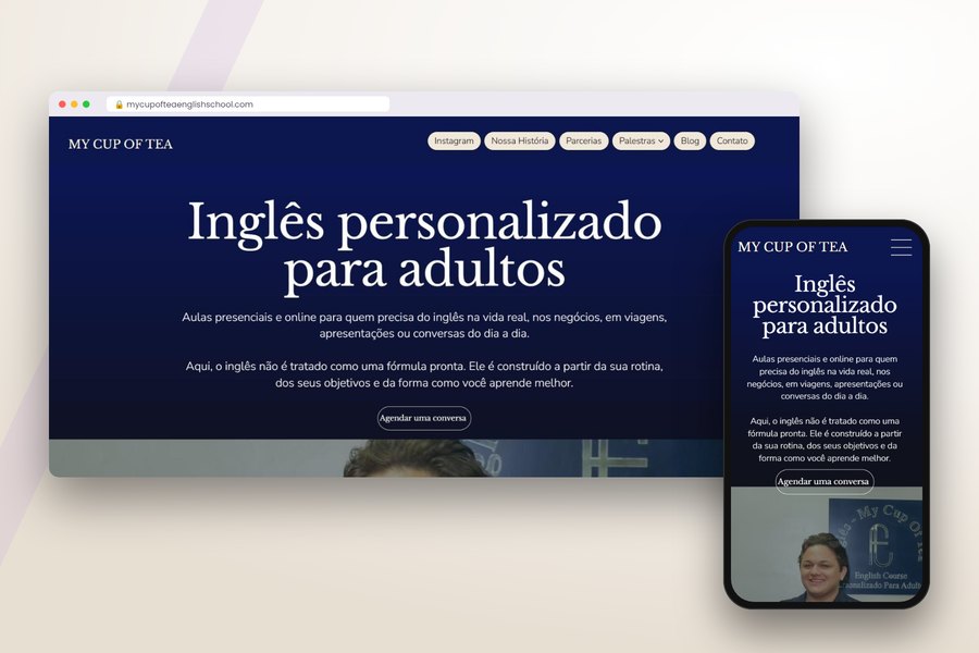 Site da escola de inglês My Cup of Tea no computador e no celular