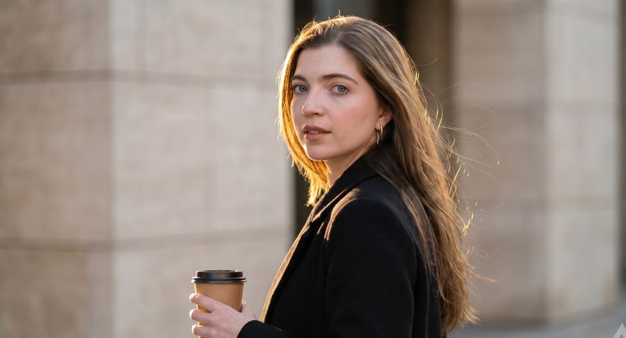 Vivianne Cartaxo caminhando com um café