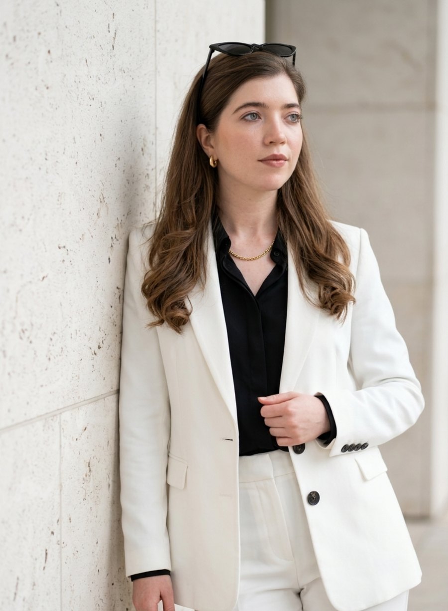 Vivianne Cartaxo de terno branco encostada numa parede de pedra